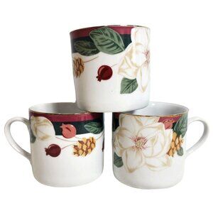 Set of 3 Vintage Tienshan Fine China Magnolia Christmas Coffee Mug Tea Cups